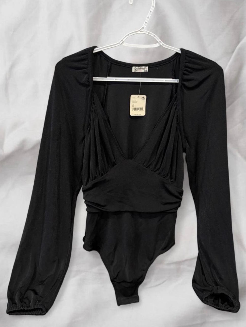 Free People Black Long-Sleeve V-Neck Bodysuit